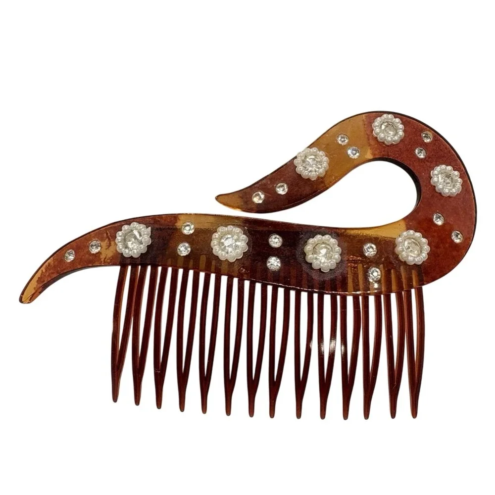 Vintage 1920s Celluloid Art Deco Hair Comb Faux Tortoise Shell Rhinestone USA